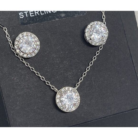 Sterling Silver Stunning Halo CZ Necklace Earrings (2 Piece Set) Chic Trendy NEW - Picture 1 of 14
